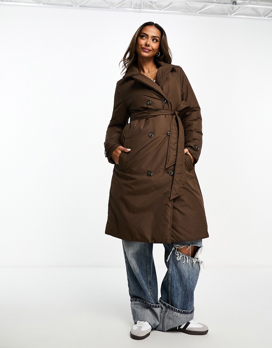 Brave Soul padded belted mac in chocolate-Brown