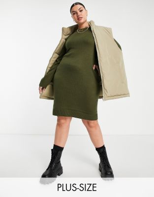 Brave Soul Plus Grunge boxy crew neck sweater dress in khaki - Click1Get2 Sale