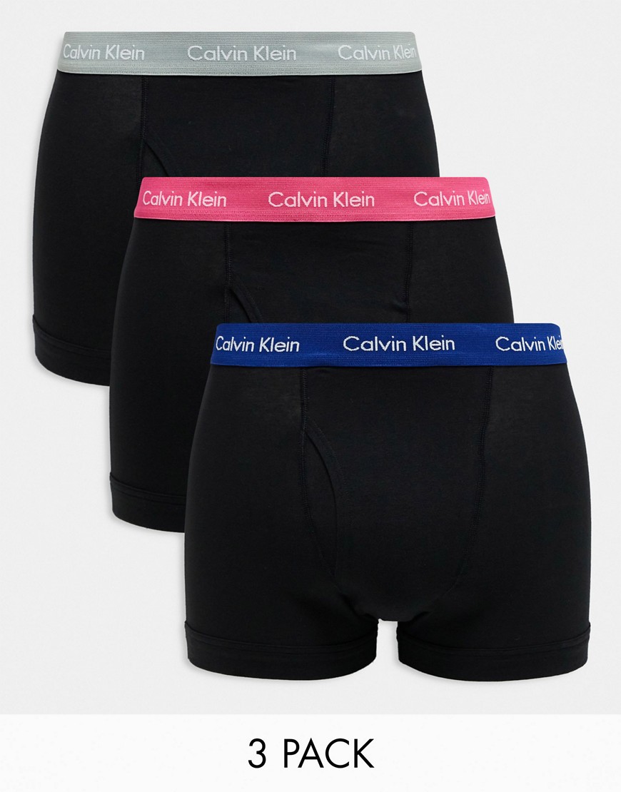 Calvin Klein cotton stretch wicking trunks 3 pack in black with coloured waistband