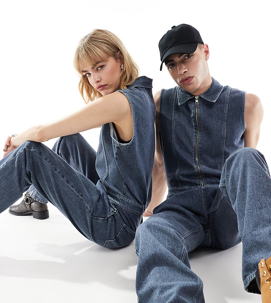 Calvin Klein Jeans Unisex sleeveless zip denim jumpsuit in grey wash - ASOS Exclusive