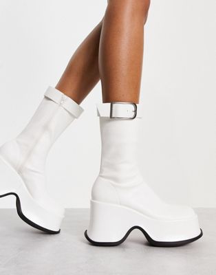 Charles and Keith platform buckle boots in white