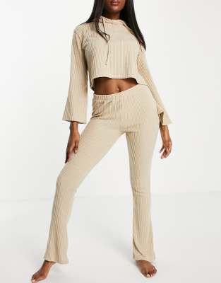 Chelsea Peers eco soft jersey ribbed lounge hoodie in stone - Click1Get2 Deals