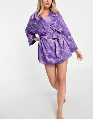 Chelsea Peers Satin printed robe in blue - Click1Get2 Cyber Monday