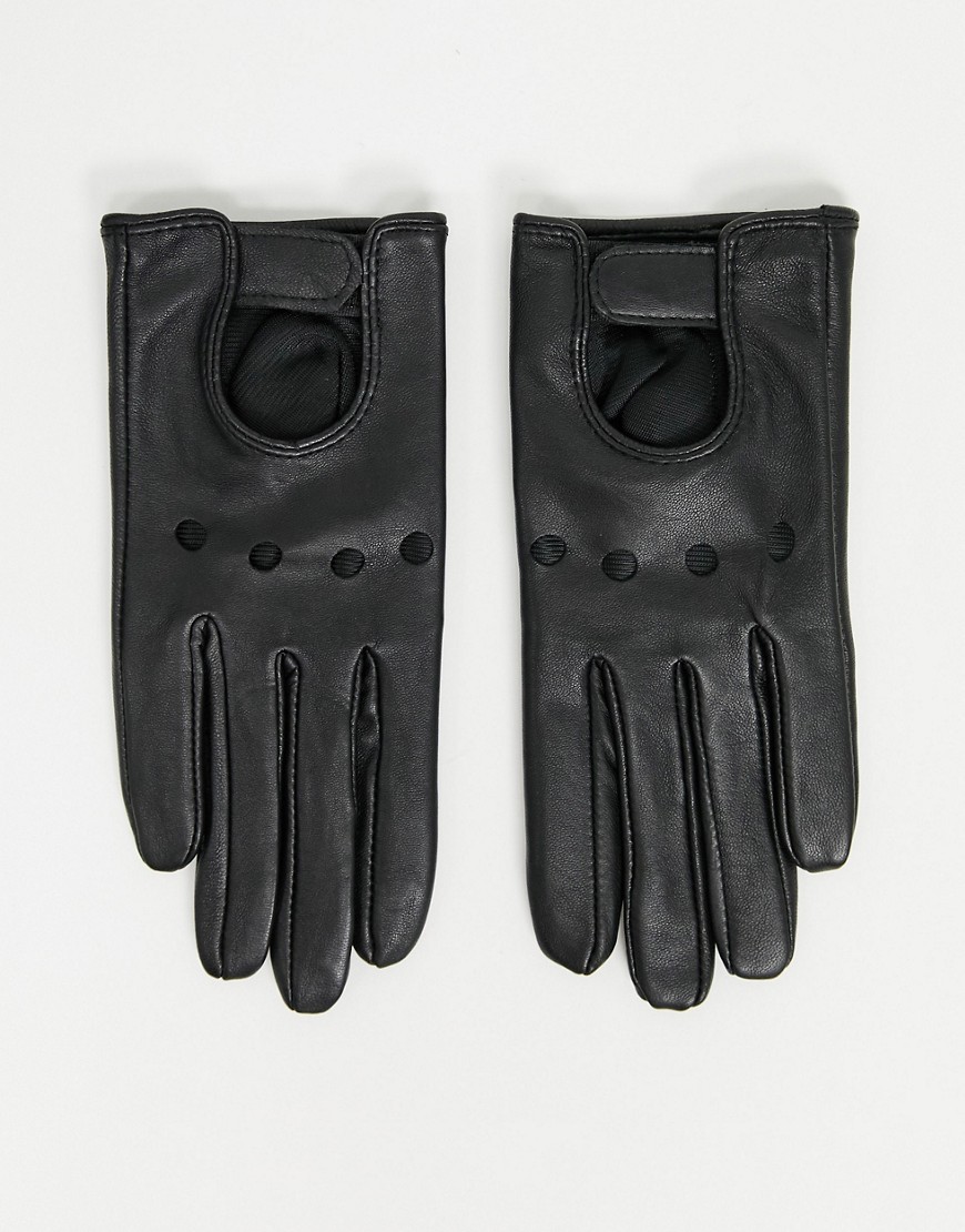 фото Черные кожаные перчатки для сенсорных экранов с декоративными вырезами sos design-черный asos design