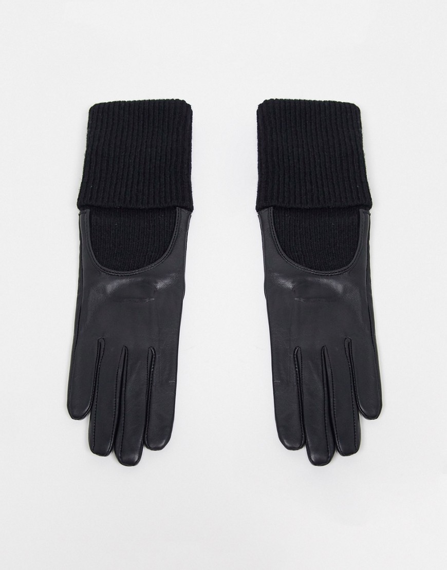 фото Черные кожаные перчатки для сенсорных экранов с длинными манжетами в рубчик asos design-черный