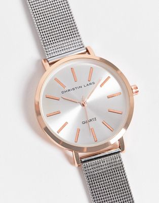 Christian Lars Womens two tone mesh strap watch in silver and rose gold - Click1Get2 Deals