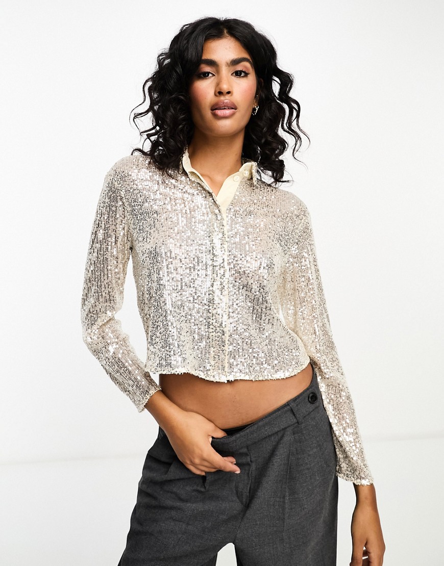 Closet London cropped sequin slouchy shirt in silver