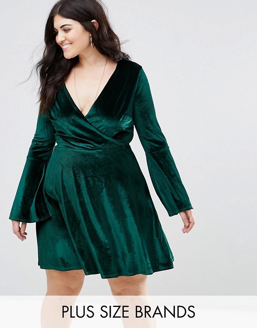 Club L Plus Velvet Wrap Dress With Fluted Sleeve
 