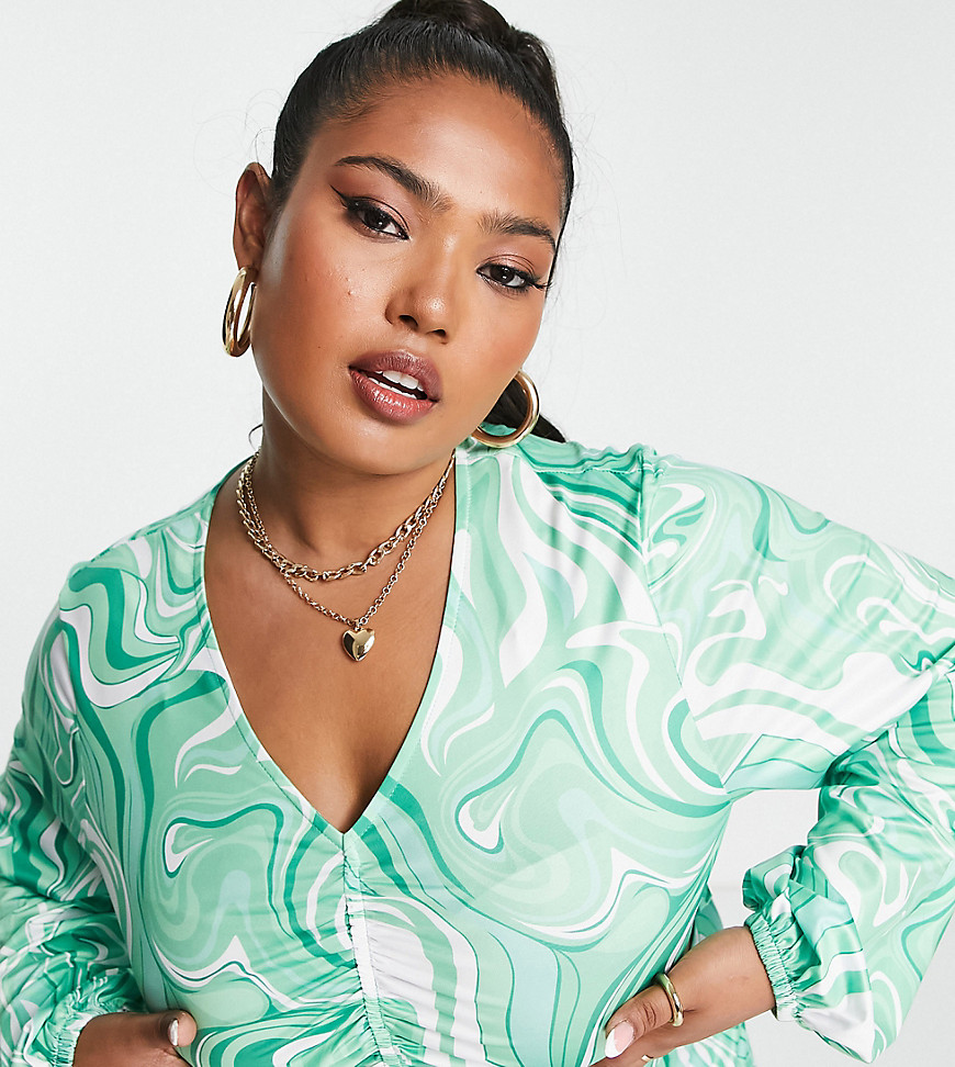 Collective the Label Curve exclusive balloon sleeve crop top co-ord in green swirl print