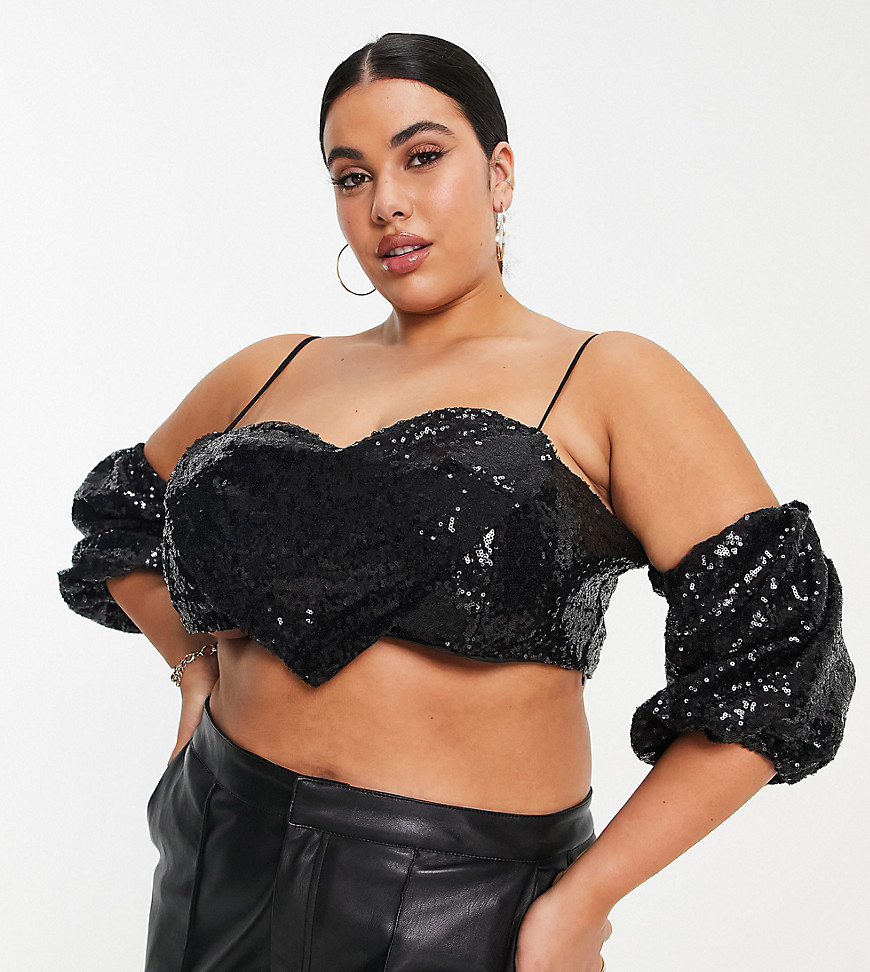 Collective the Label Curve exclusive sequin heart crop top co-ord in black