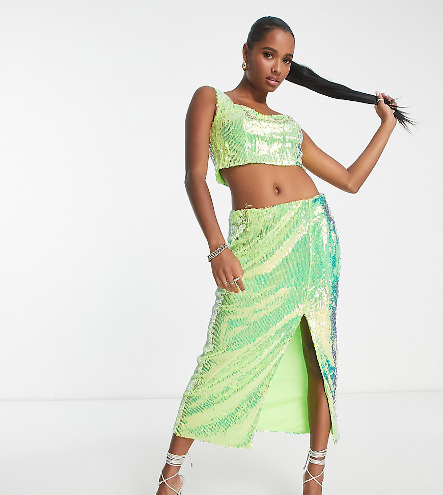 Collective the Label Petite exclusive sequin crop top co-ord in iridescent lime-Green
