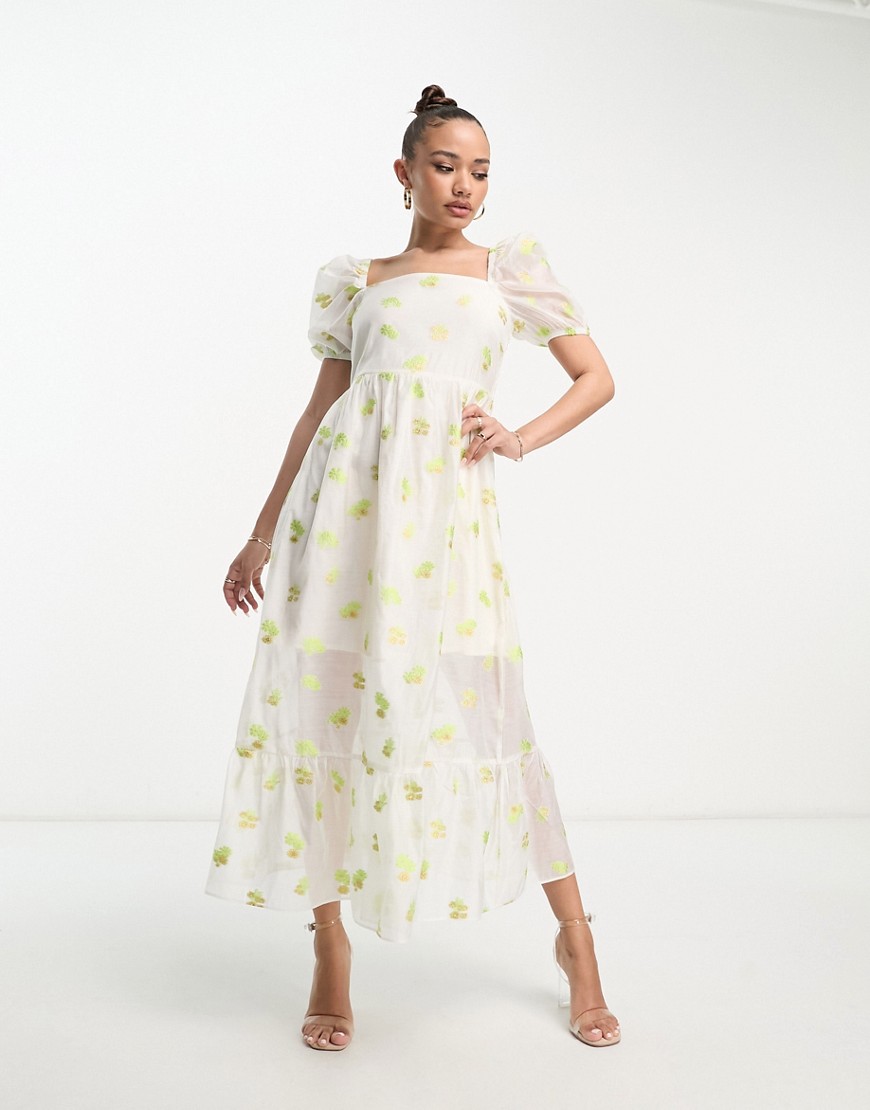 Collective the Label puff sleeve organza tea dress in ivory floral-White