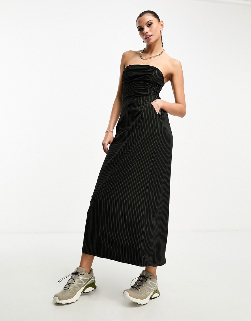 COLLUSION co-ord tailored split back maxi skirt in black pinstripe