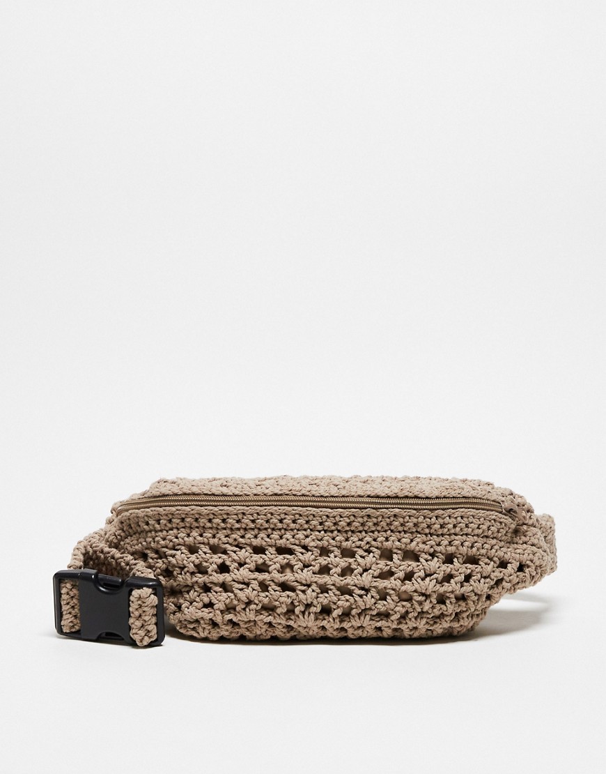 COLLUSION crochet cross body bum bag in stone-Neutral