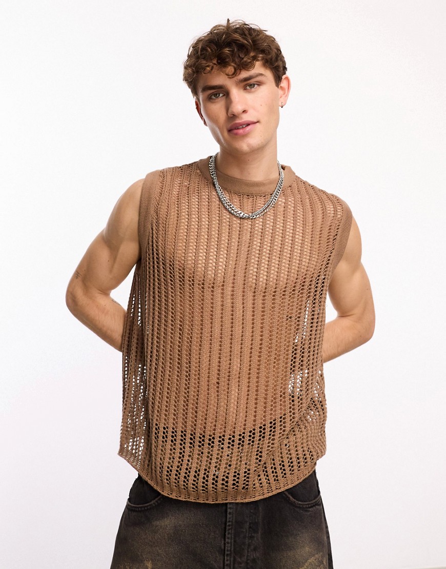 COLLUSION crochet knitted oversized vest in mocha-Brown