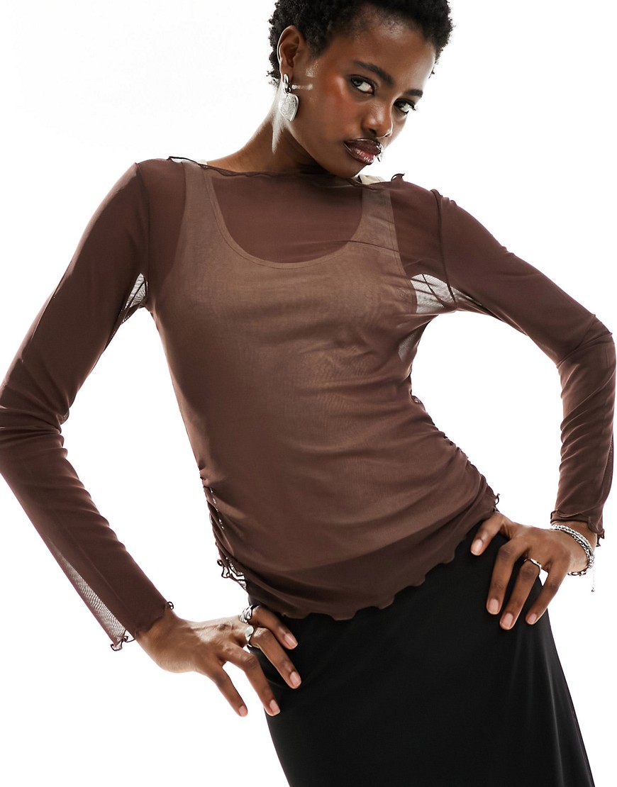 COLLUSION double layer long sleeve slash neck top in brown