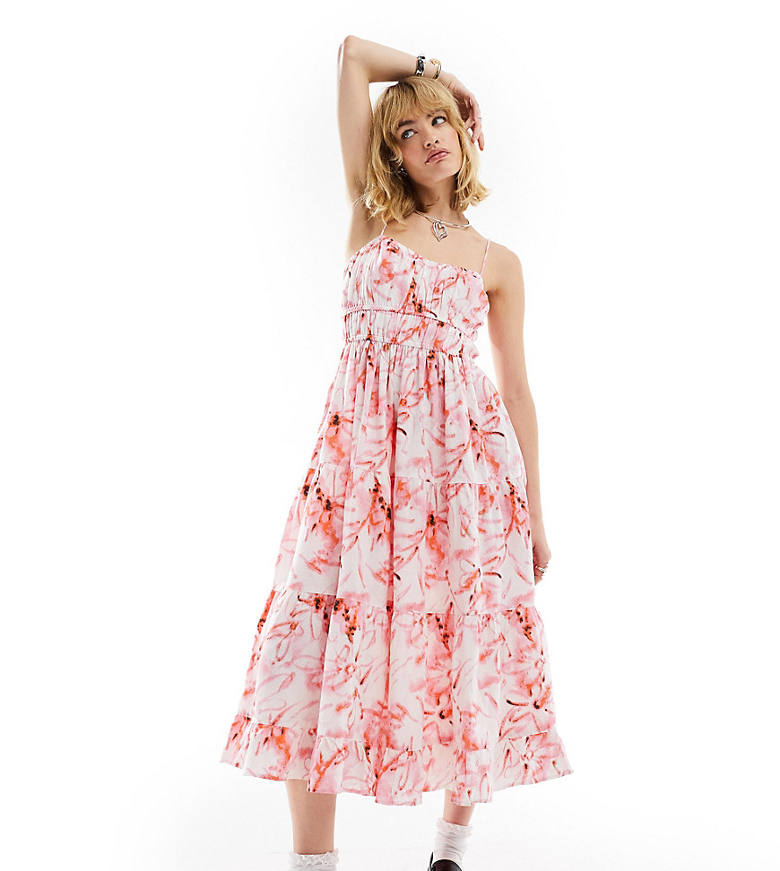 COLLUSION floral print tiered cami midi summer dress in pink-White