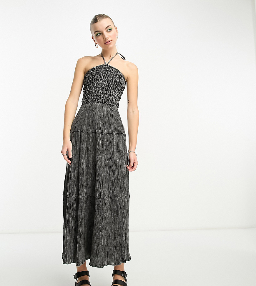 COLLUSION halterneck shirred textured maxi dress in washed grey