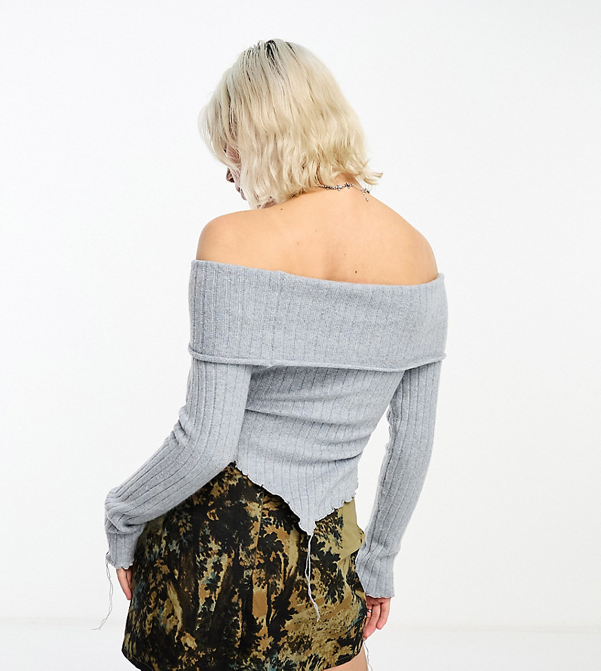 COLLUSION knitted ribbed bardot jumper with distressed details in blue marl-Multi