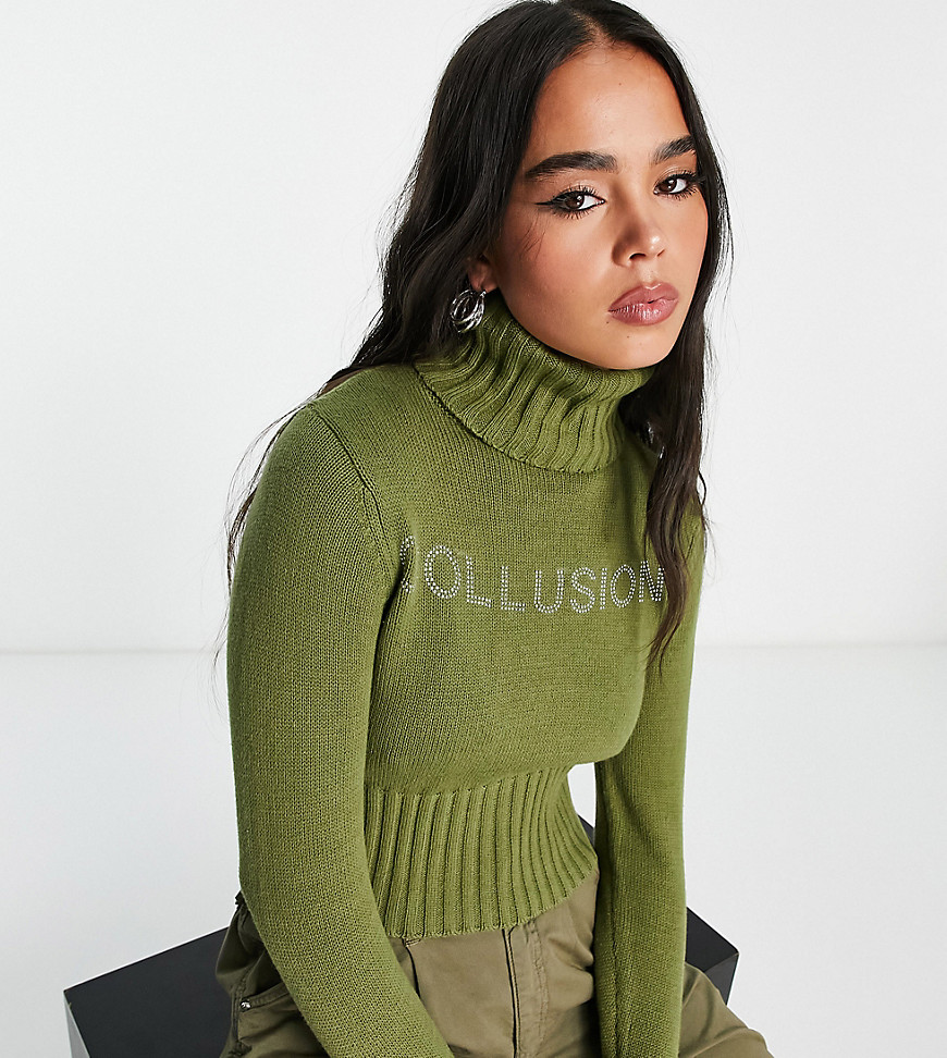 COLLUSION knitted rollneck jumper with hotfix print in khaki-Blue