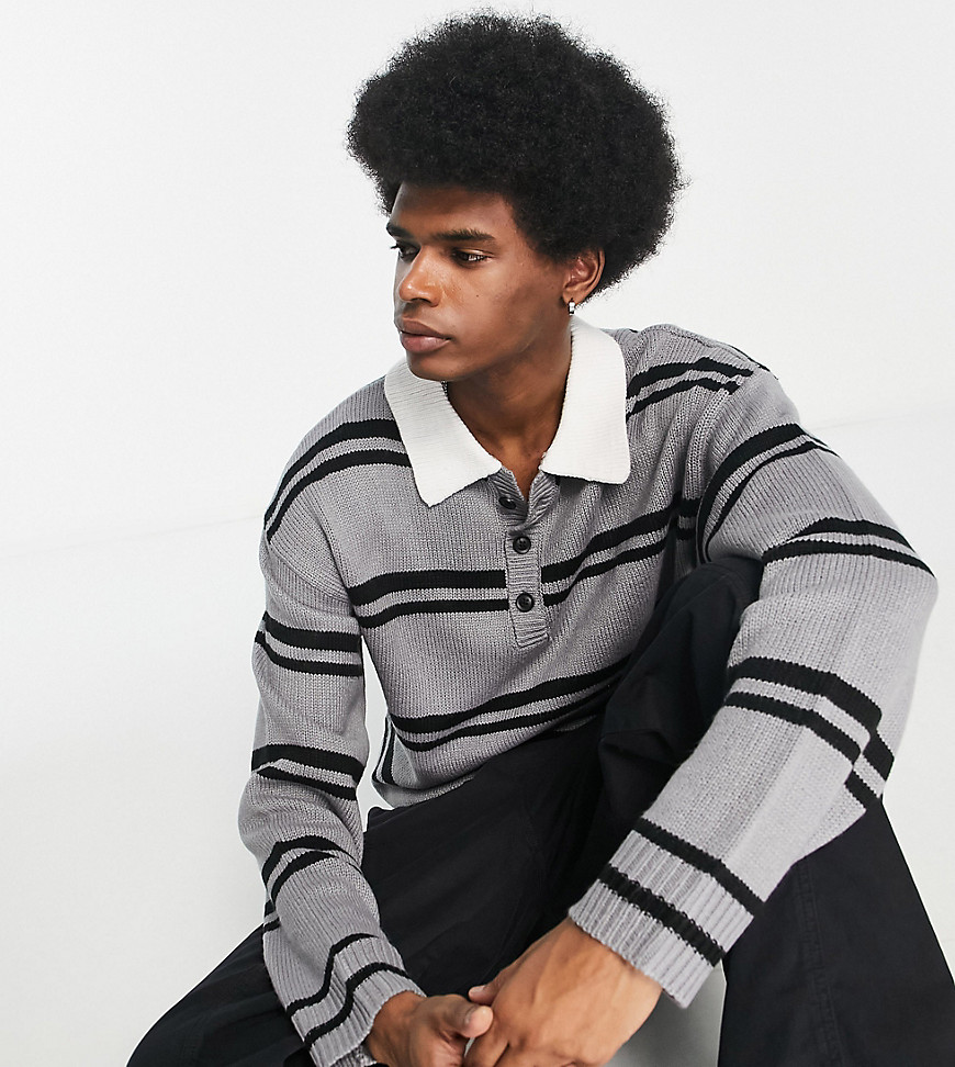 COLLUSION knitted striped polo in grey and black-Multi