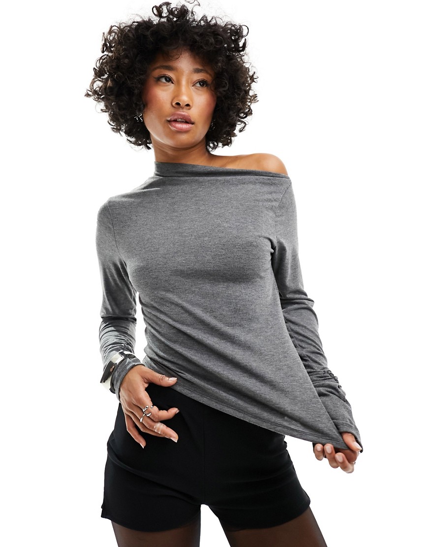COLLUSION long sleeve draped off the shoulder top in grey
