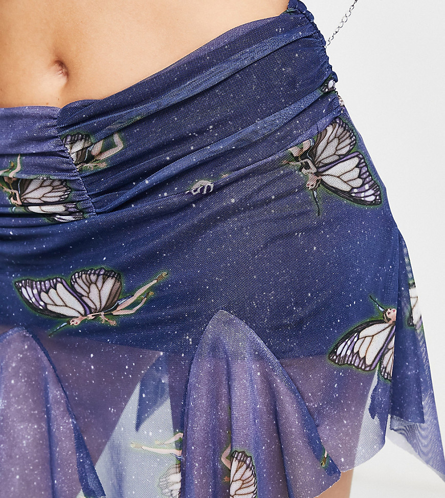 COLLUSION mesh fairy print hanky skirt co-ord in navy