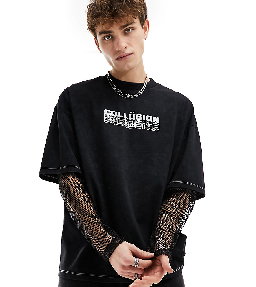 COLLUSION Mock smesh sleeve skater top with logo print-Black