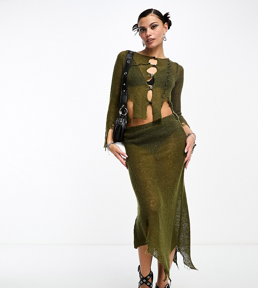 COLLUSION open stitch knitted midi skirt with asymetric hem co-ord in khaki-Green