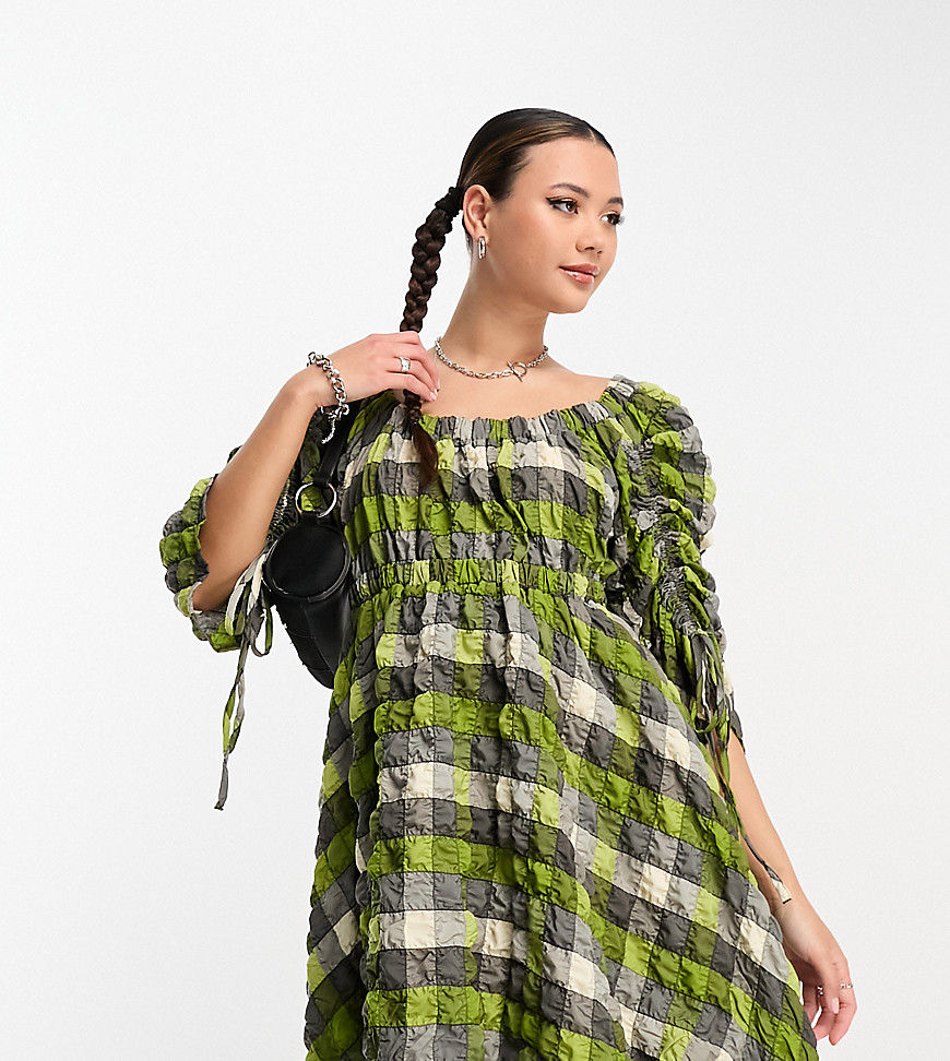 COLLUSION ruched sleeve check mini dress in green check