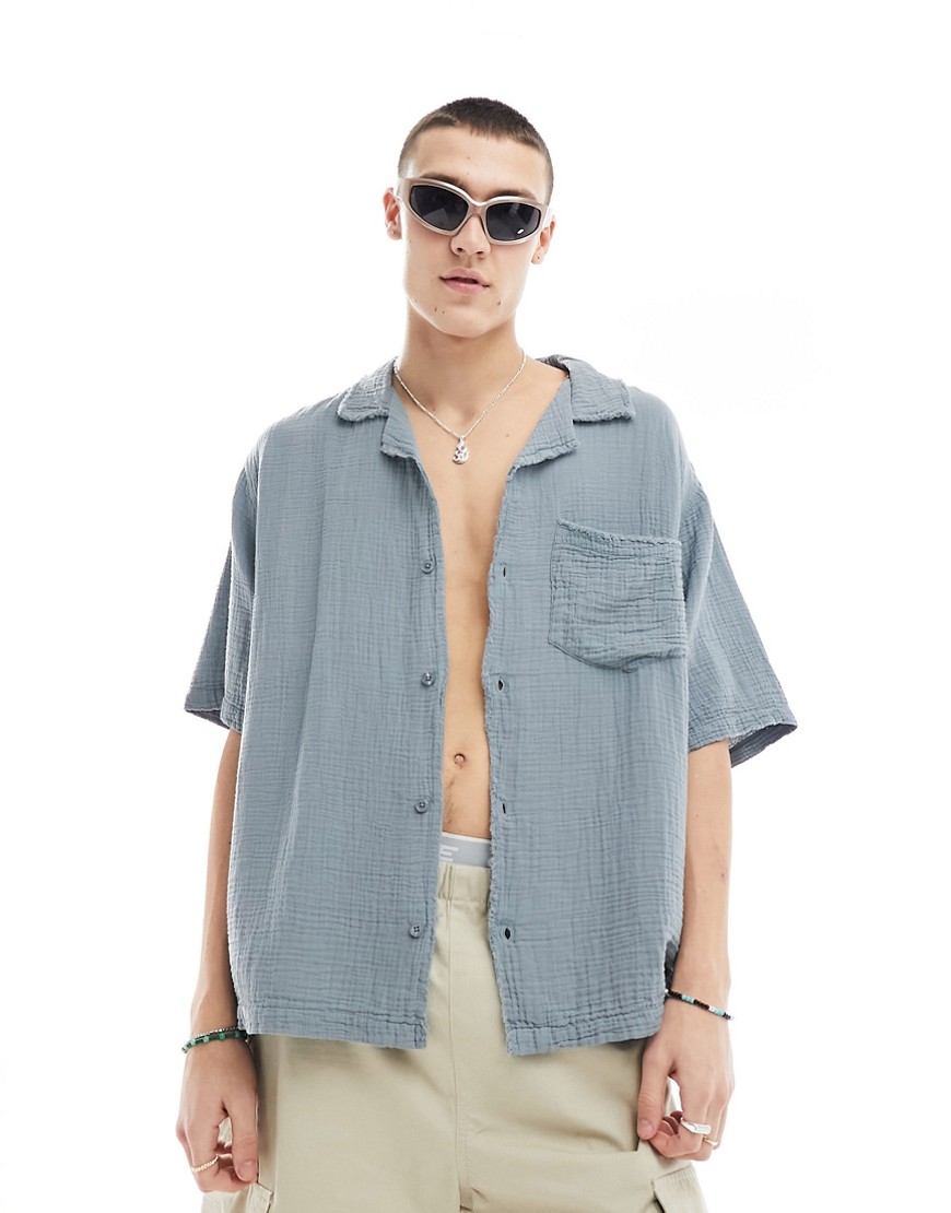 COLLUSION textured oversized revere short sleeve shirt with raw seam detail in slate blue