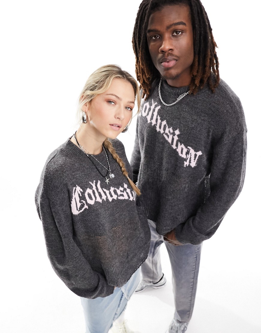 COLLUSION Unisex branded distressed hem jumper in charcoal-Grey