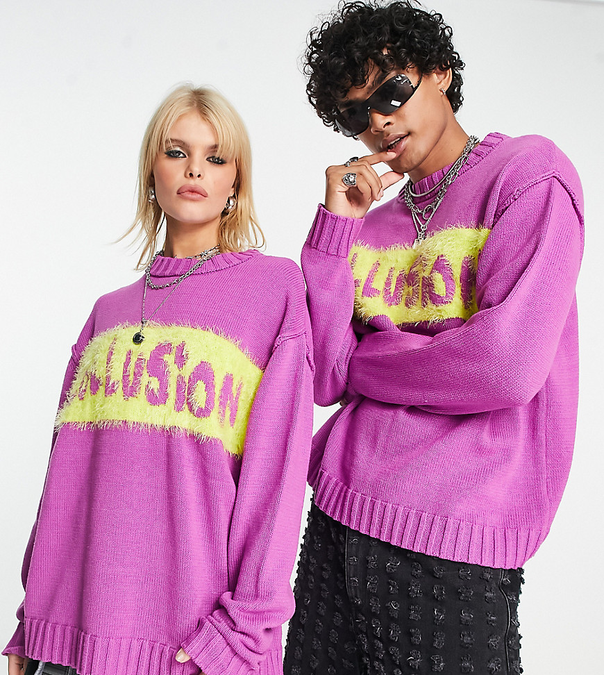 COLLUSION Unisex knitted branded front print crewneck in bright pink