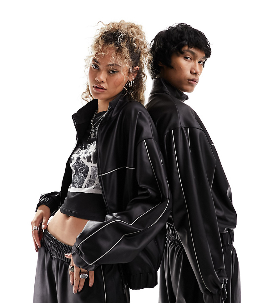 COLLUSION Unisex track jacket in black PU co-ord