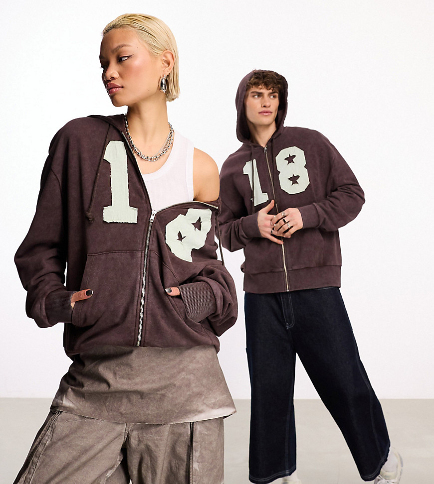 COLLUSION Unisex zip through hoodie in brown with applique detail
