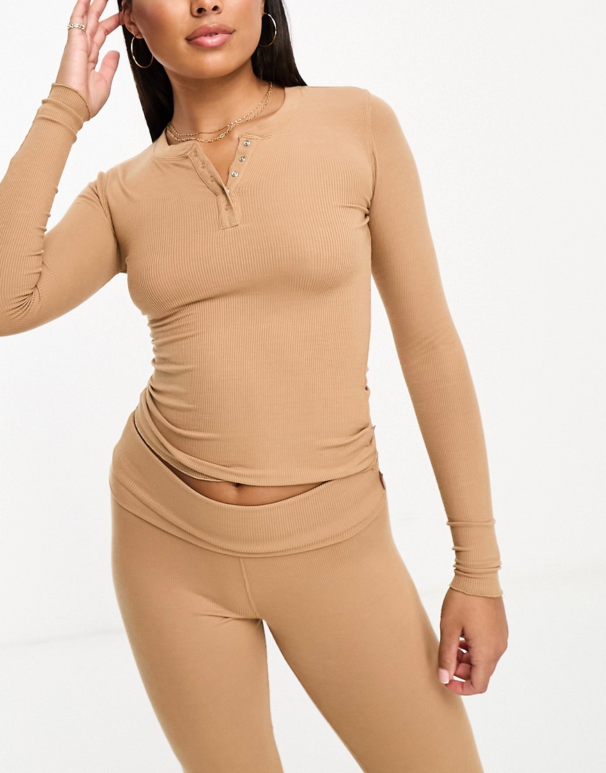 Cotton On pyjama sleep recovery henley top co-ord in cafe noir-Brown