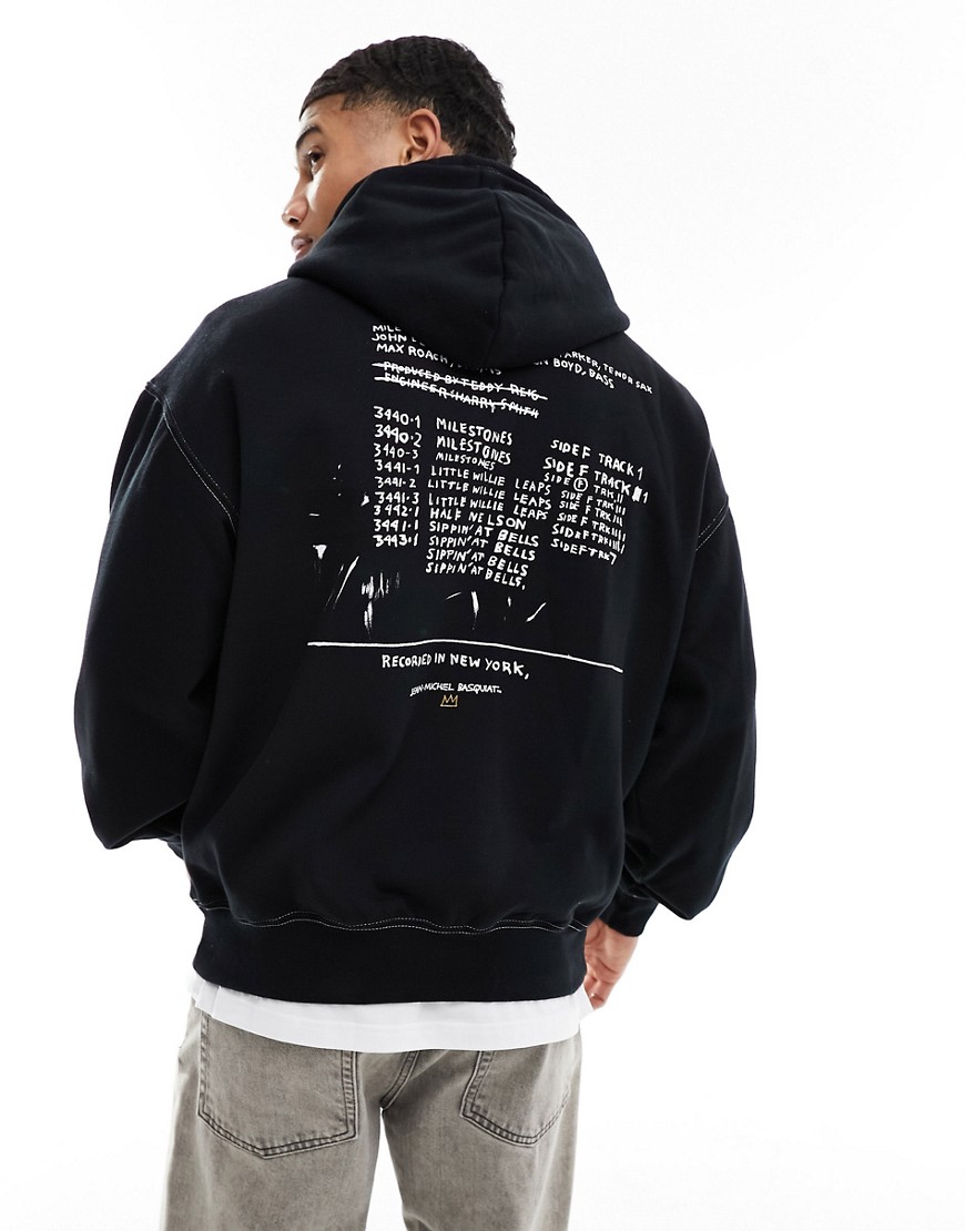 Cotton On relaxed seam detail hoodie with Basquiat art print-Black