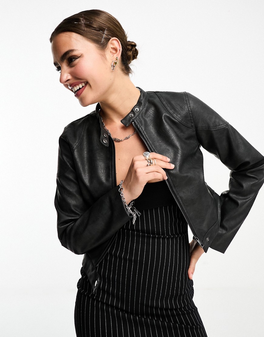 Cotton On stretch faux leather moto jacket in washed black