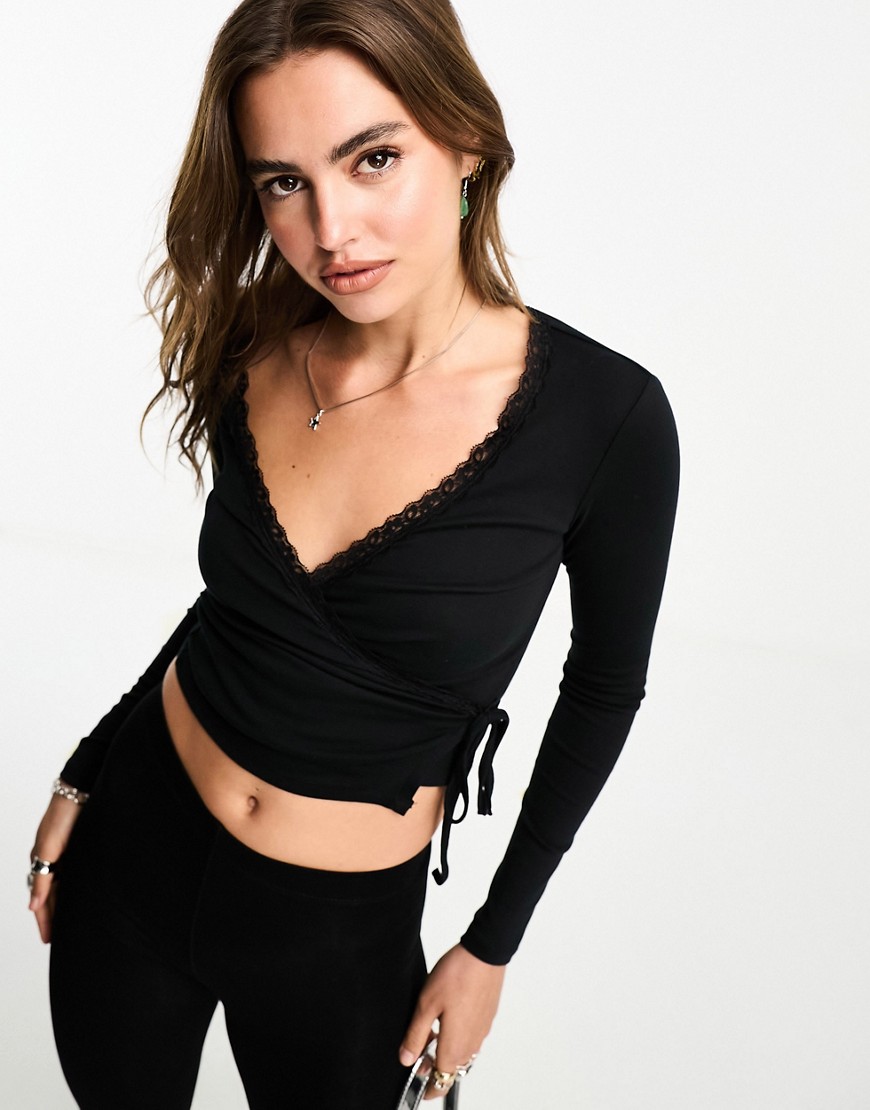 Cotton On wrap front long sleeve crop top in waffle-Black