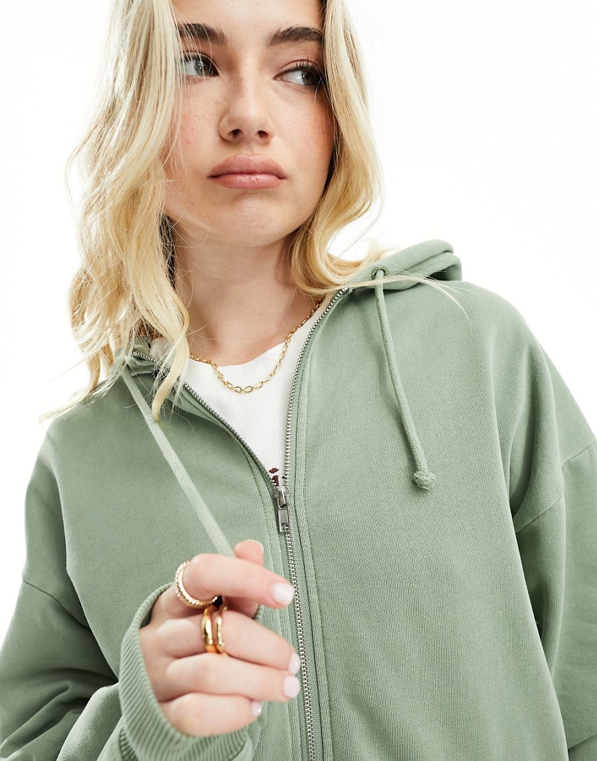 Cotton:On Classic Washed Zip-Through Hoodie in sage green