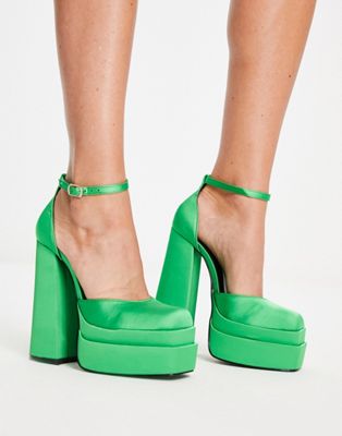 Exclusive double platform heeled shoes in bright green satin