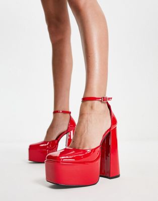 platform heeled shoes in red patent