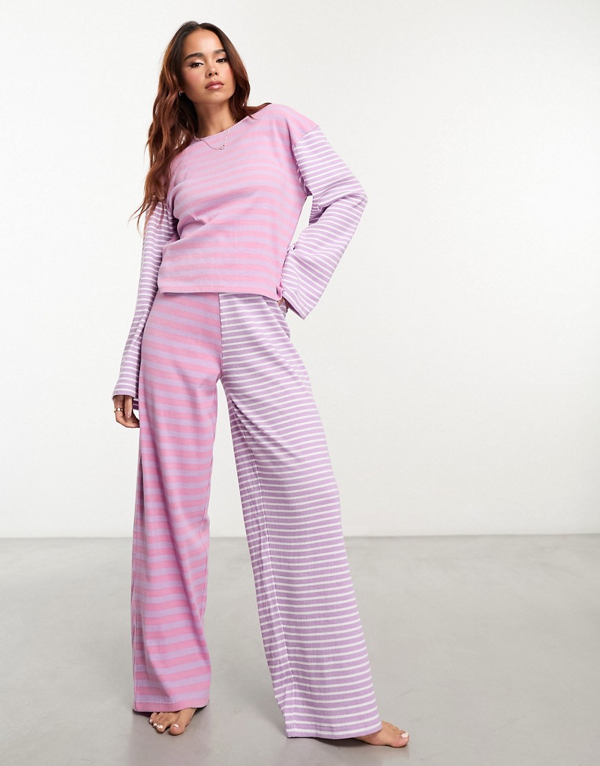 Daisy Street rib stripe mix long sleeve trouser pyjama set with gift bag-Purple