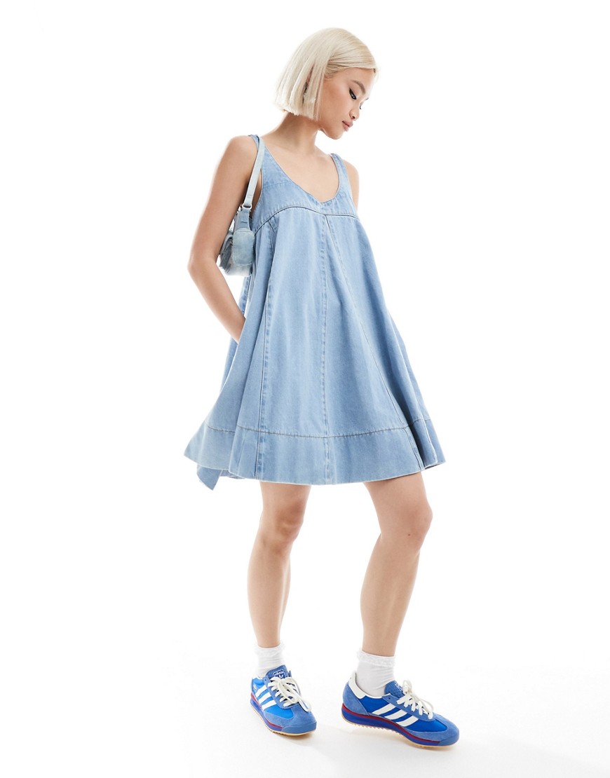 Daisy Street scoop neck flared babydoll mini dress in blue denim-White