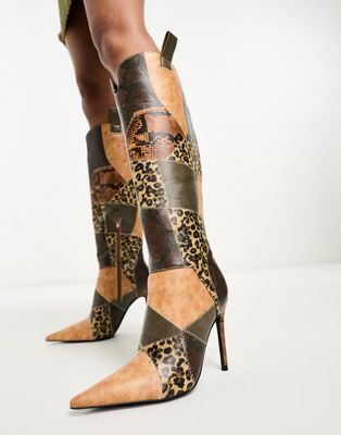 stilleto knee boots in tan patchwork