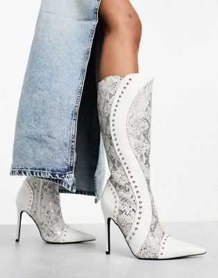 wavy studded knee boots in white