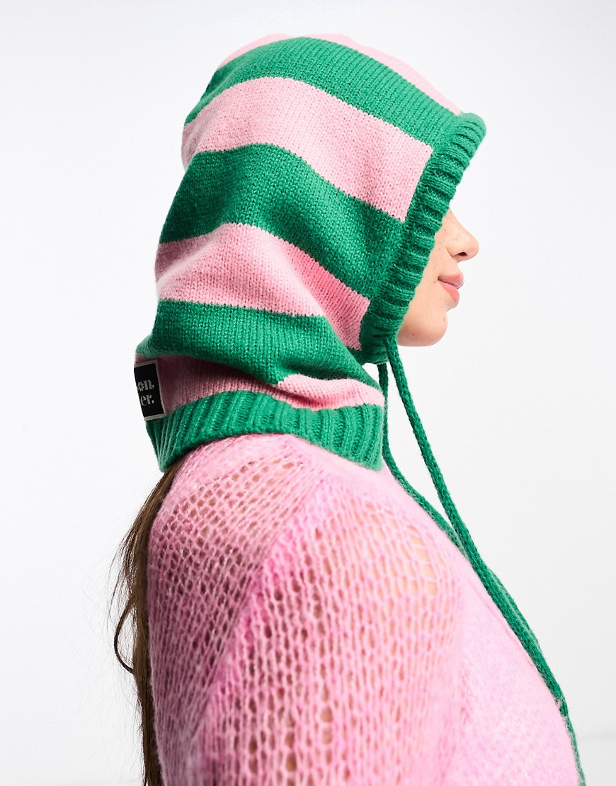 Damson Madder balaclava snood with drawstring tie in pink and green stripe-Multi