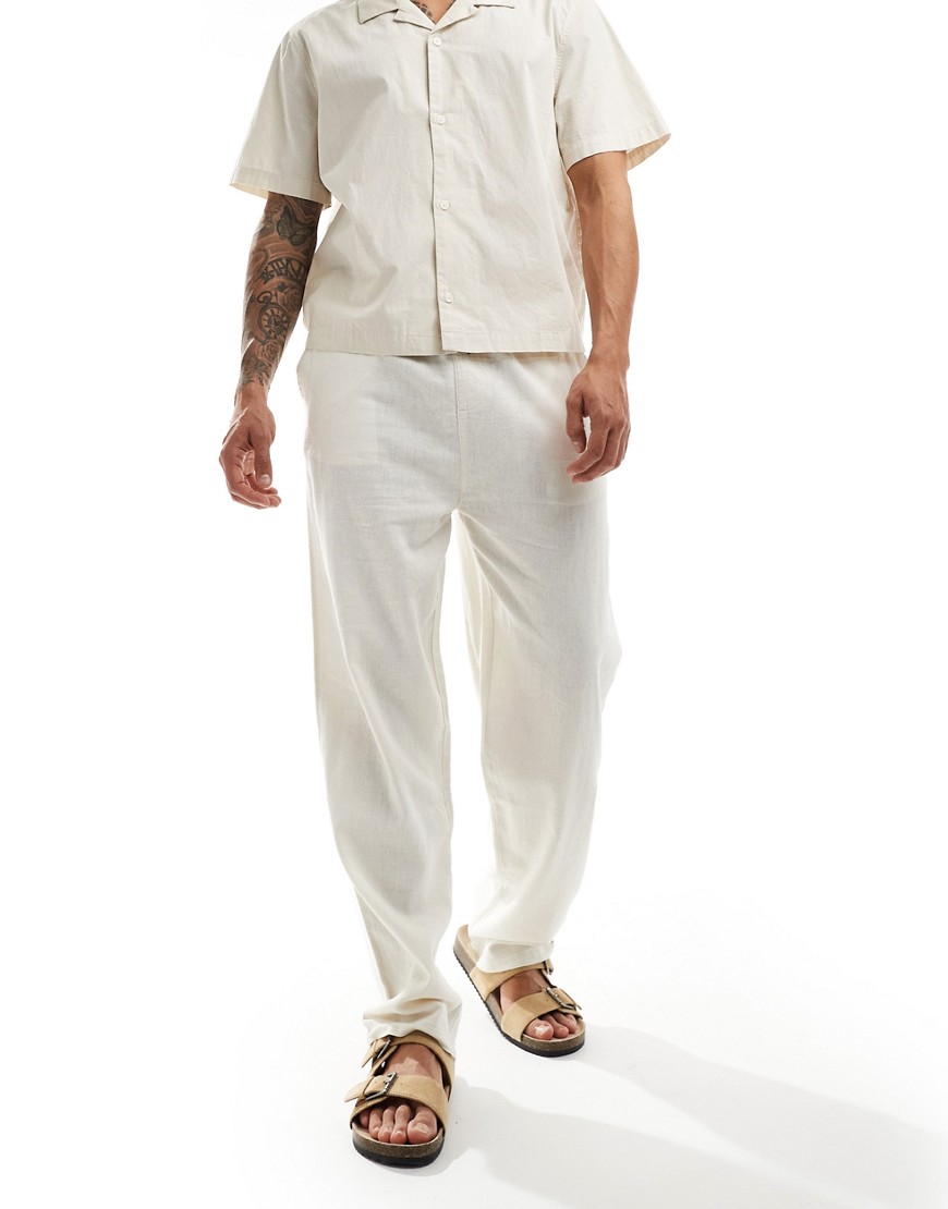 Denim Project straight leg linen blend trousers in off white