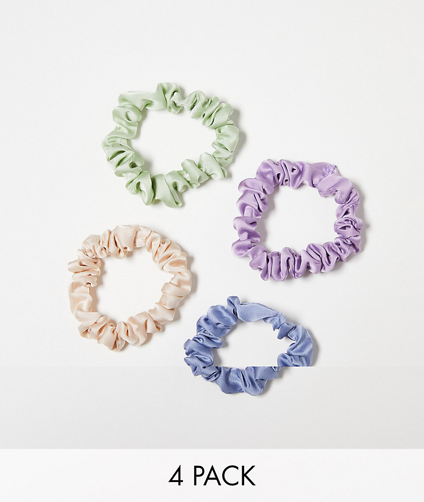 DesignB London pack of 4 satin ruched hair scrunchies in pastel - MULTI