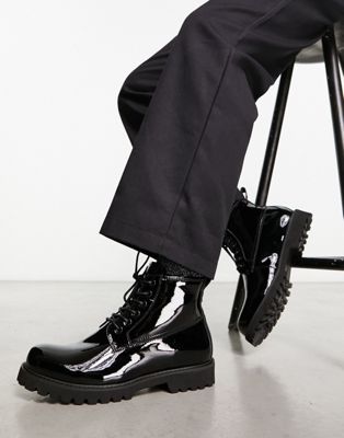 chunky patent leather lace up boots in black